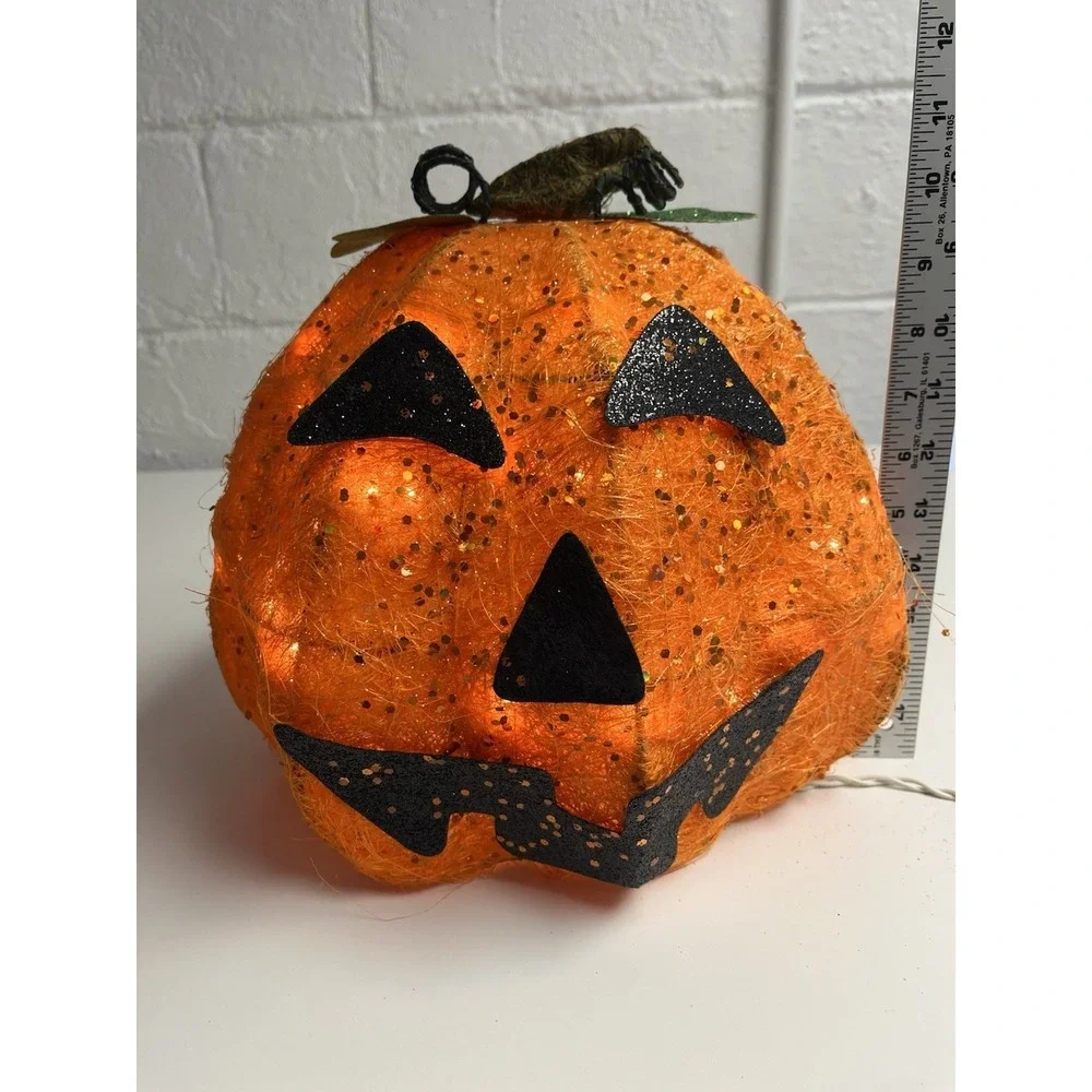Spun Spaghetti Light Up Pumpkin Halloween Glittery Jack O Lantern WORKS‎ Decor